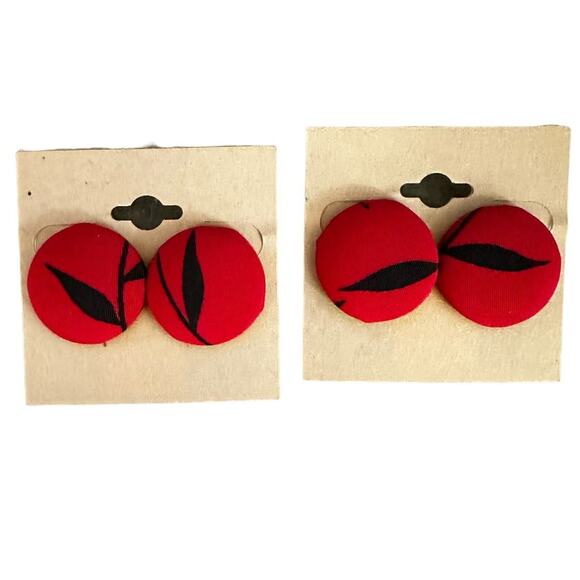 Red and Black Button Earrings Made from Damaged Vintage Fabric - Picture 1 of 1